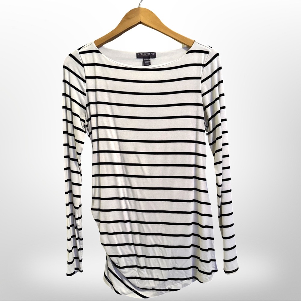Pea in A Pod Black and White Striped Maternity top, cinched on one side, XS